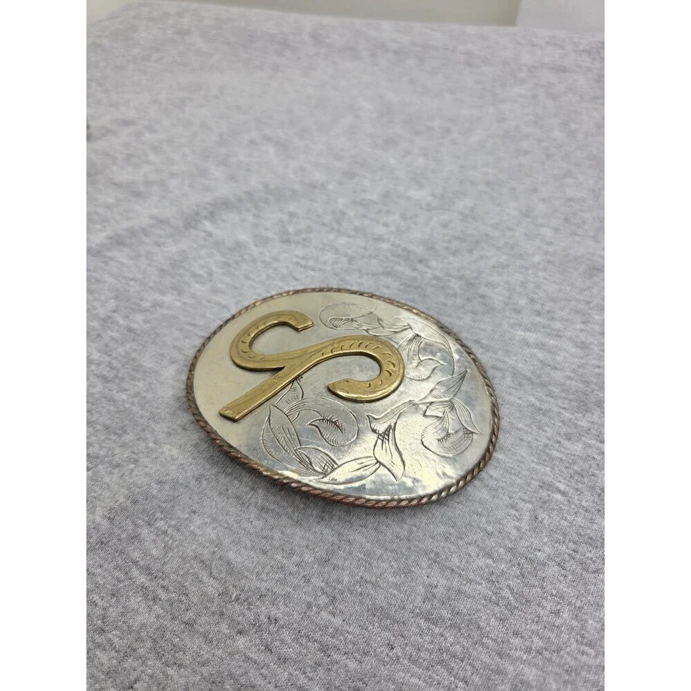 Handmade Western Floral Initial S Horseshoe Silver Belt Buckle
